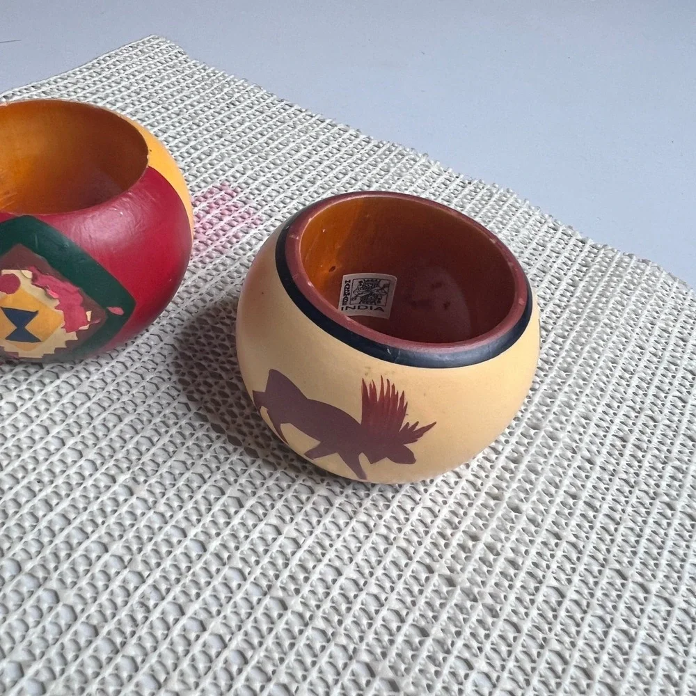 Vintage Hand Painted‎ Wood Napkin Rings Set 3 Southwest Moose Chili Pepper India